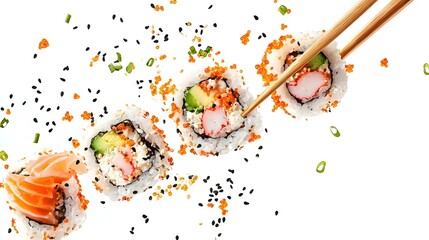 Different fresh sushi rolls with chopsticks
