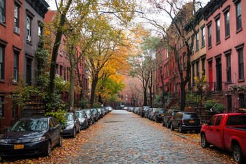 Autumnal city street lined with colorful buildings.  Fallen leaves on cobblestone road