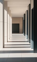 Modern corridor with tall columns casting long geometric shadows on tiled floor, minimalist architecture