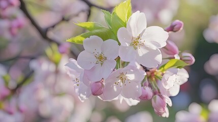 Realistic fruit tree branch with spring flowers. Beautiful flowering apple tree in spring day. Illustration for cover, card, postcard, brochure, advertising or presentation.