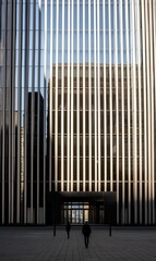 Obraz premium Tall modern skyscraper with vertical glass and steel facade, people walking near entrance