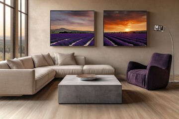 A minimalistic living room with a beige linen sofa and a deep purple armchair, gathered around a polished concrete coffee table