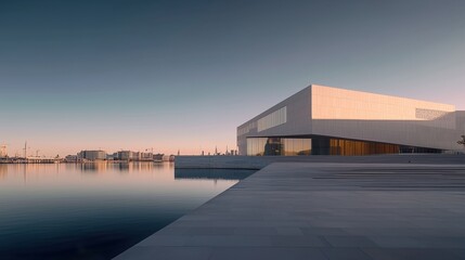 Modern waterfront building with minimalist white facade reflecting on calm water at sunset