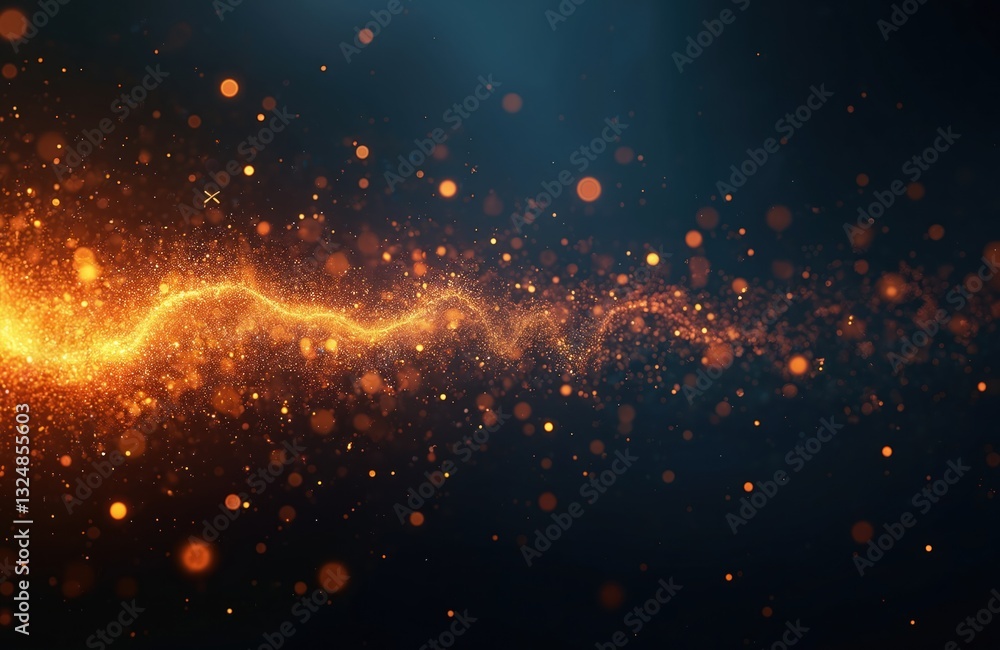 Aufkleber stream of glowing orange spark particles and explosions on dark navy background. energy wave effect 
