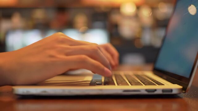 Person typing on laptop keyboard in cafe with blurred background. Remote work, digital assistant setup, voice command programming and smart technology configuration concept.