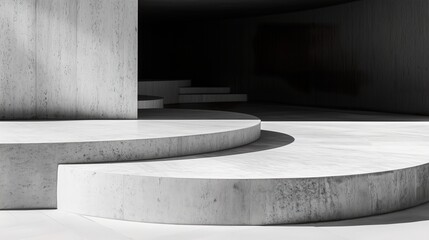 Abstract circular concrete steps with soft lighting and shadows, minimalist black and white design