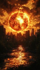 Fototapeta premium Apocalyptic Sunset: Fiery Celestial Body Over Ruined Cityscape