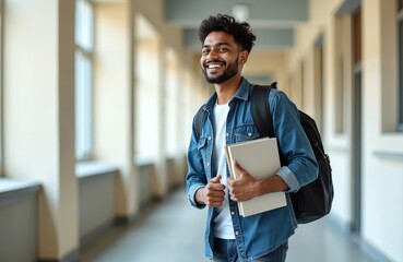 Happy indian guy with beard, in casual clothes, holds books and backpack in modern college. Young student smiles in university campus hall. Education, learning, knowledge concept.