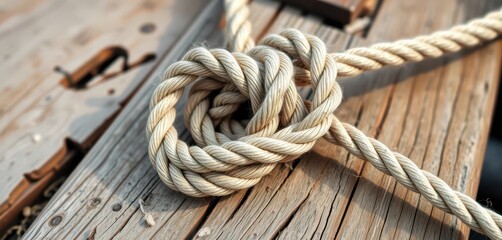 Obraz premium Intricate ship rope knot tied securely on weathered wood, sea knot, marine