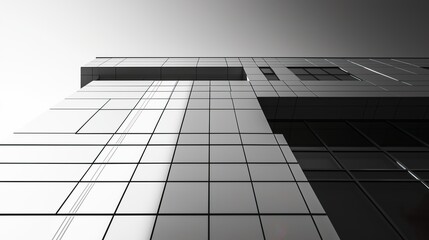 Black and white skyscraper facade with reflective glass and grid-like pattern, low-angle perspective