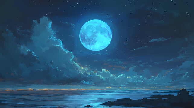 A large blue moon is shining brightly in the sky above a cloudy night. Midnight Shine. Illustration