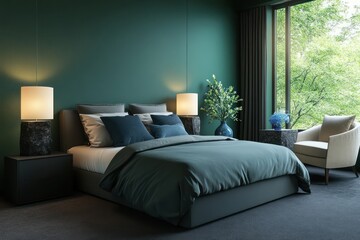 Fototapeta premium A minimalist bedroom with walls in a deep forest green and a large window that floods the room with natural light