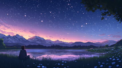 A peaceful night sky with stars shining brightly, creating a vast and breathtaking celestial scene that captures the essence of wonder and calm. Midnight Shine. Illustration