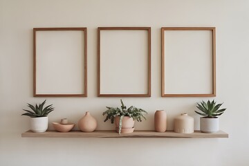 Three empty wooden frames hang above a rustic wooden shelf holding succulents, pottery vases, and small decorative bowls. Neutral colors and minimalist aesthetic.