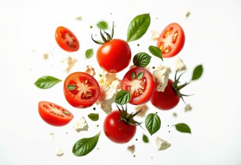Fototapeta premium floating ingredients displayed minimalist background eye catching culinary visuals, food, vegetable, fruit, spice, herb, aqua, freshness, essence, color
