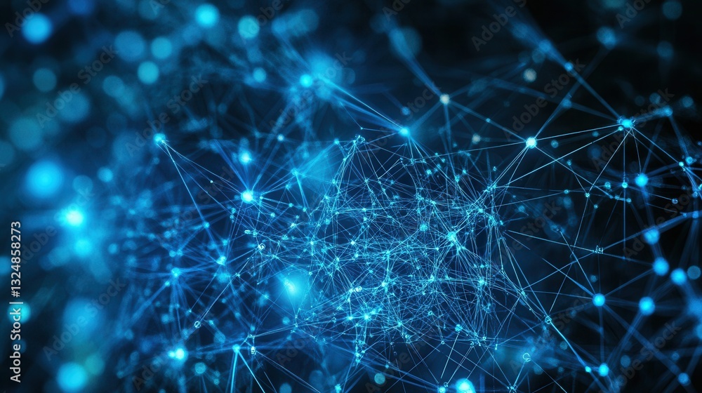 Poster Futuristic neural network patterns in deep blue and cyan with a central node cluster emphasizing cutting-edge design