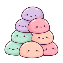 Stacked Kawaii Mochi Dumplings with Blush and Sparkles, Perfect for Stickers and Merch on Transparent Background