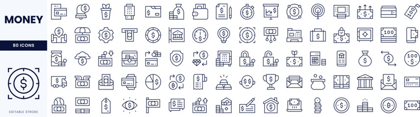 A comprehensive collection of monochrome icons representing various finance and money concepts, including savings, investment, and transactions.