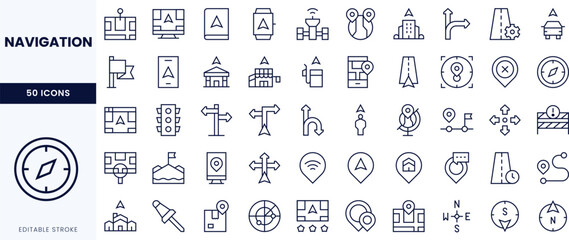 A collection of navigation-themed icons, featuring various symbols such as maps, signs, and compasses, designed in a minimalistic style.
