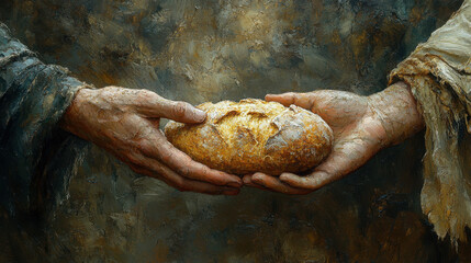An illustration of, Jesus hands giving bread to poor man, biblical story to feed hungry, charity․