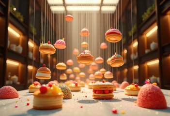 dynamic marketing showcase featuring gravity defying food presentations creative displays vibrant colors, appetizing, arrangement, artistic, bites, buffet