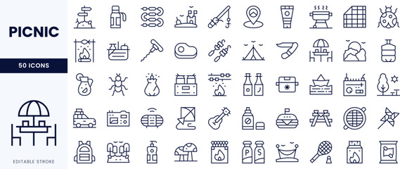 A collection of diverse picnic-themed icons featuring items like food, drink, and outdoor activities.