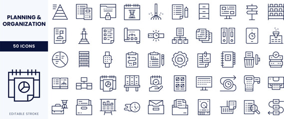 A collection of minimalist line icons representing planning and organization tools, showcasing a variety of symbols for effective management.