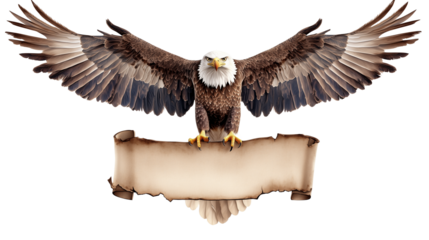 Bald Eagle with Outstretched Wings Holding a Blank Banner - Isolated on Transparent Background

