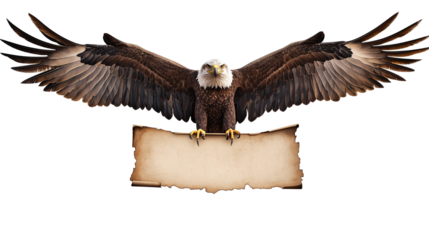 Bald Eagle with Outstretched Wings Holding a Blank Banner - Isolated on Transparent Background


