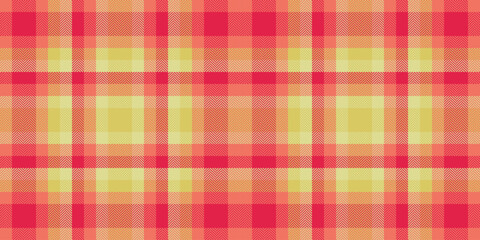 Platform fabric plaid pattern, romantic vector seamless check. Tracery background textile texture tartan in red and yellow colors.