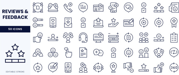 A collection of linear icons representing reviews and feedback, showcasing stars, comments, and ratings in a modern design.