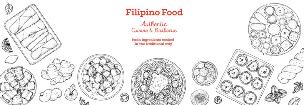Filipino food top view vector illustration. Food menu design template. Hand drawn sketch. Filipino food menu. Vintage style.
