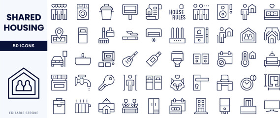 A collection of icons related to shared housing, featuring various household items and symbols in a minimalistic style.