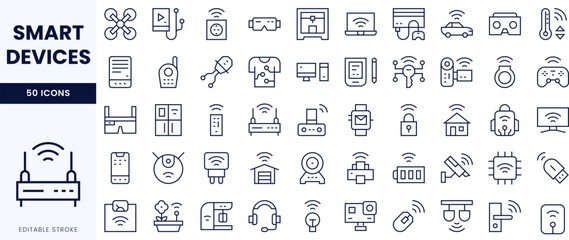 A collection of line icons representing various smart devices, including home gadgets, wearables, and entertainment technology.