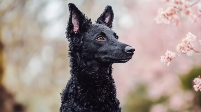 Hungarian mudi dog against spring outdoor background, new breed, perfect for pet magazine	