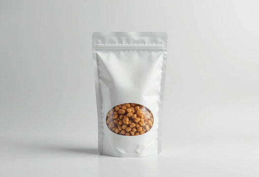 Peanuts in Shiny Silver Stand-up Pouch Mockup with Clear Window