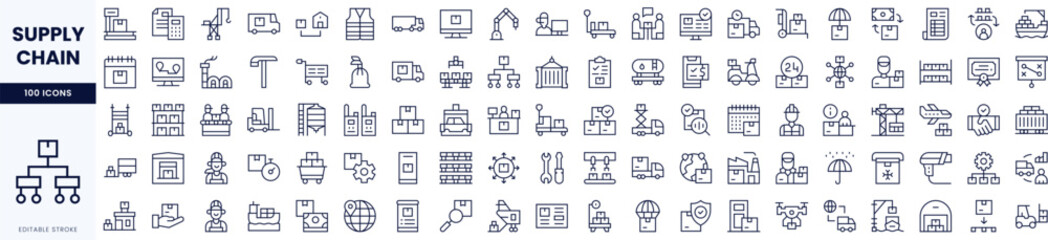A comprehensive collection of supply chain icons showcasing various elements like logistics, transportation, and inventory management.