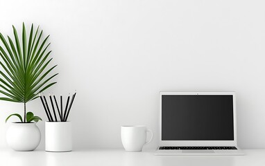 Minimalist White Workspace Laptop Plant Pencils
