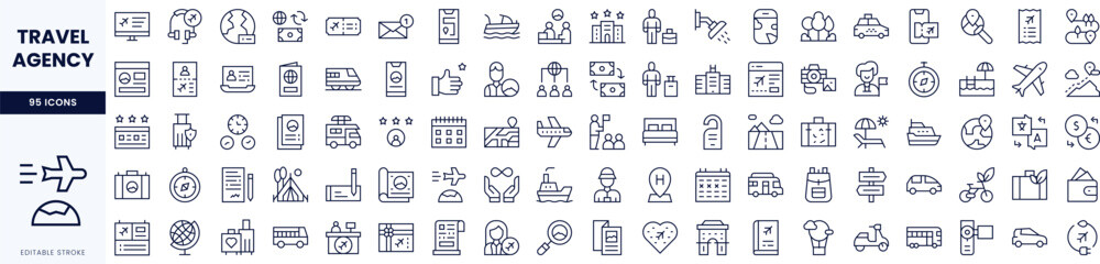A collection of travel agency icons in a minimalist line art style, featuring various travel-related themes.