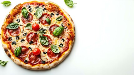 Top view of italian pizza on bright white
