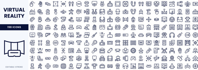 A comprehensive collection of line icons representing virtual reality concepts, technology, and gaming elements.