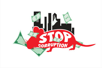 Anti-corruption campaign. Vector illustration about stop corruption. Illustration of black rat biting money