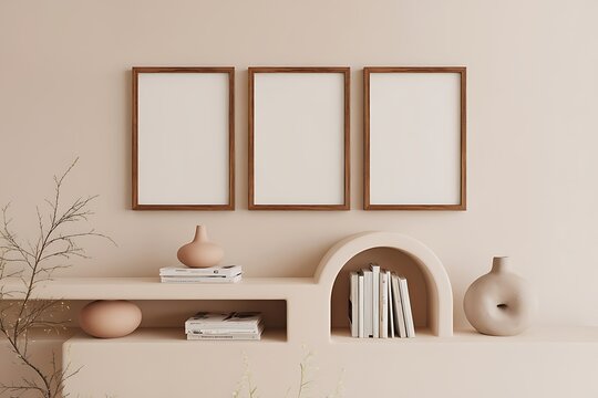 Three blank wooden frames hang above a minimalist beige shelf with books, vases, and decorative branches. Neutral colors and simple shapes create a calm, modern aesthetic. Interior design mockup.