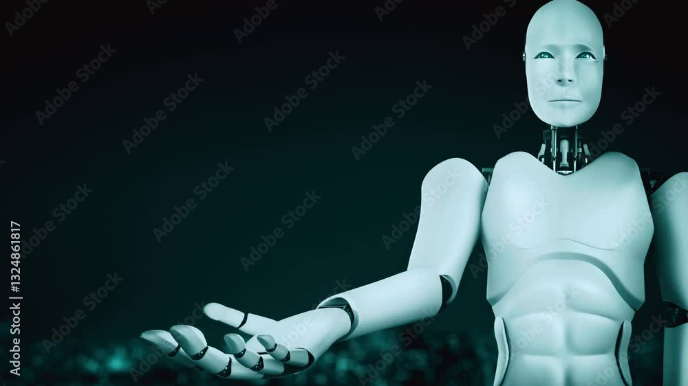 Poster ai hominoid robot holding hologram screen shows concept of global communication network using artifi