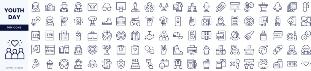 A collection of line icons celebrating Youth Day, showcasing various activities and symbols relevant to young people.