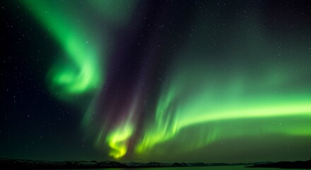 Spectacular Aurora Borealis Display over Night Sky and Frozen Lake