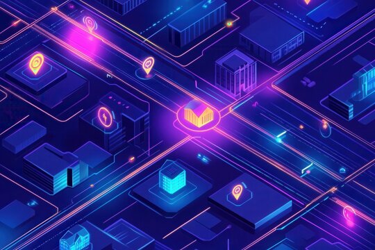 Futuristic delivery map showcasing tracking routes and glowing pathways in a digital city environment for efficient navigation
