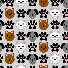 Seamless pattern of cute dog faces and paw prints