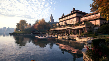 Fototapeta premium Riverside Mansion With Terracotta Roof and Lush Greenery Reflecting in Calm Waters Under a Blue Sky