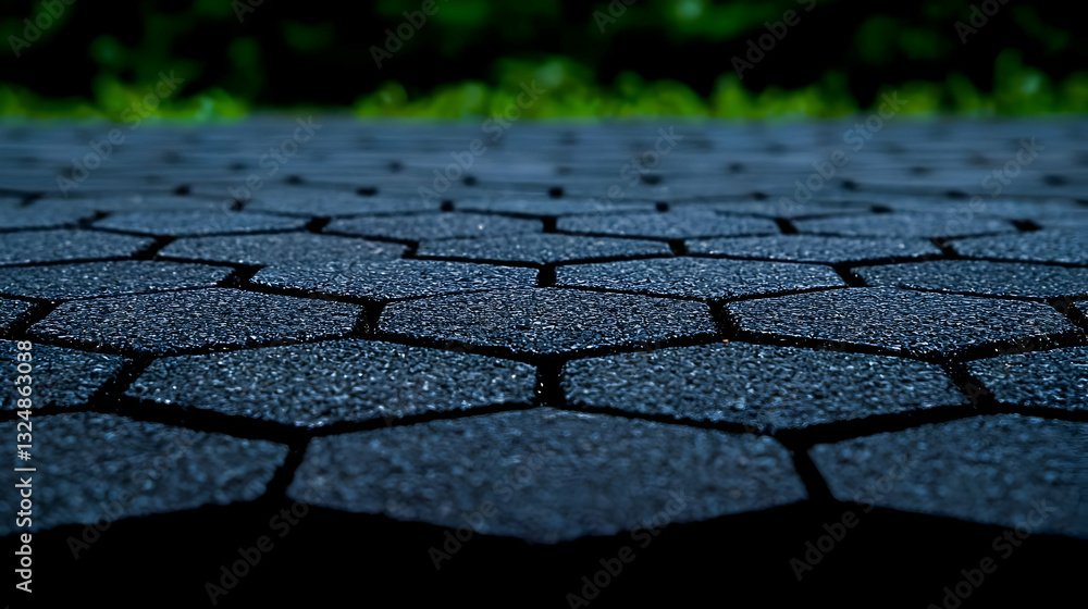 Poster detailed close up hexagonal tile texture with green foliage in background